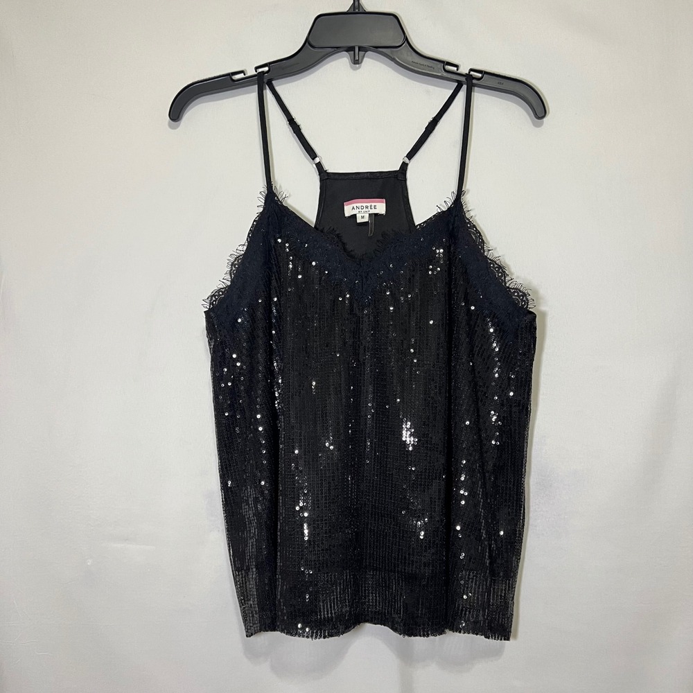 Black Sequin Cami Top Size M Lace Trim Festival Rave Party Night Forma Glam Goth